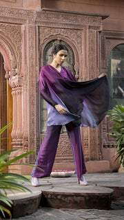 Purple and Black Shaded Asymmetric Top and Pant Set