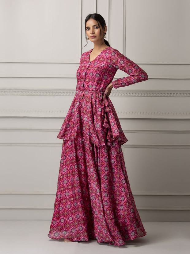 Pink Floral Printed Peplum and Skirt Set -Mogra Look 23