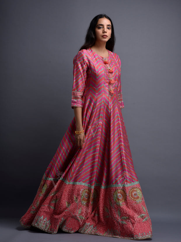 Pink Vasansi Silk Leheriya Anarkali Gown