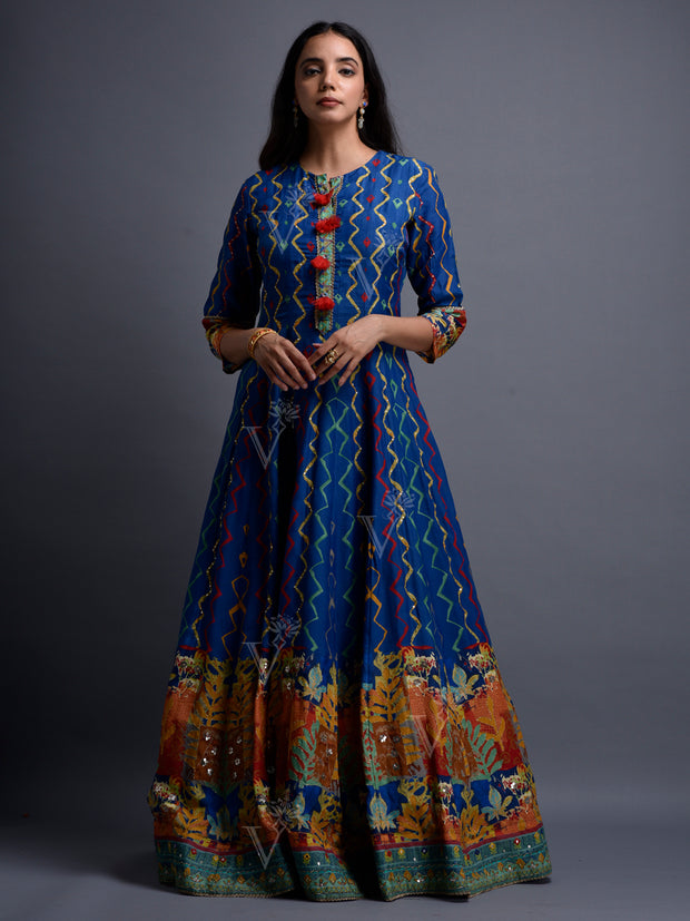 Blue Vasansi Silk Leheriya Anarkali Gown