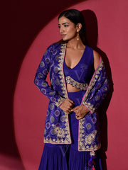 Blue Embroidered Jacket with Bustier and Sharara Set