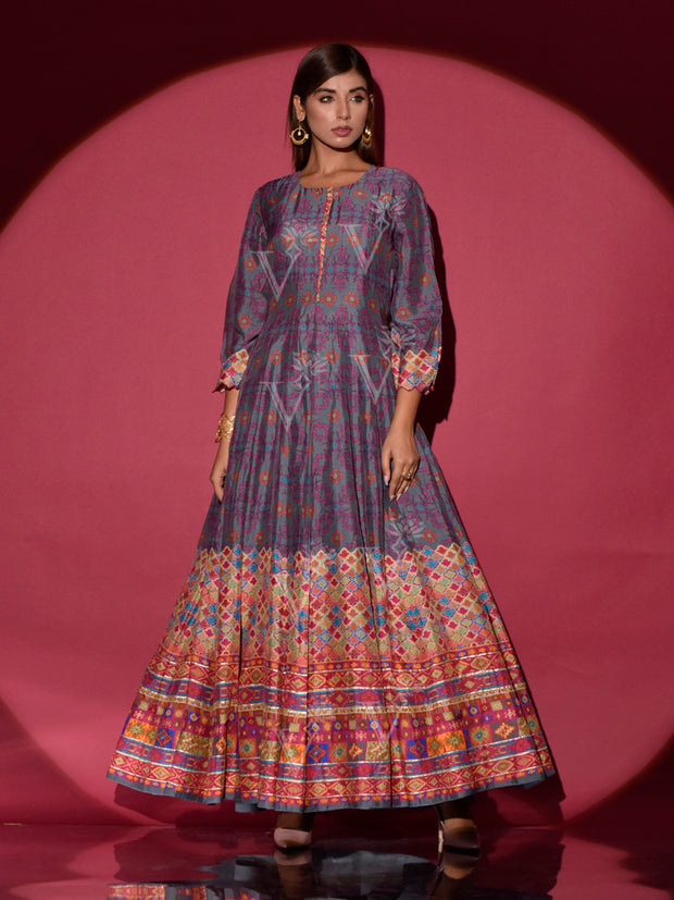 Grey Vasansi Silk Printed Anarkali Gown