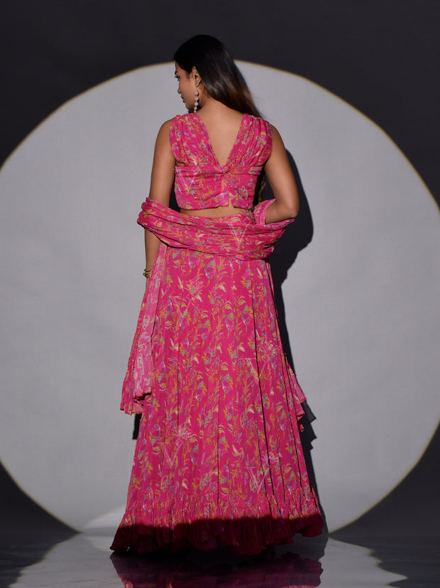 Pink Vasansi Silk Printed Crop Top and Skirt Set