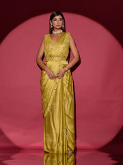 Yellow Satin Silk Drape Saree