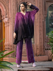 Purple and Black Shaded Asymmetric Top and Pant Set