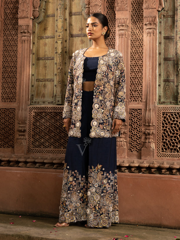 Blue Silk Embroidered Jacket with top and Palazzo Set