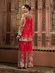 Red Silk Embroidered Jacket with top and Palazzo Set