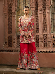 Red Silk Embroidered Jacket with top and Palazzo Set