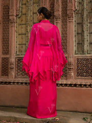 Pink Embroidered Tiered Jacket with top and Drape skirt Set