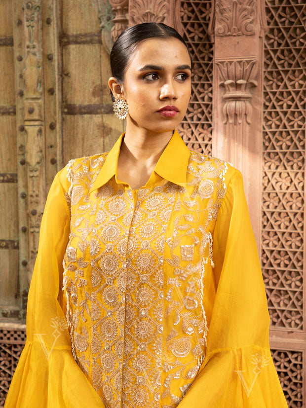 Yellow Embroidered Tiered Jacket with top and Drape skirt Set