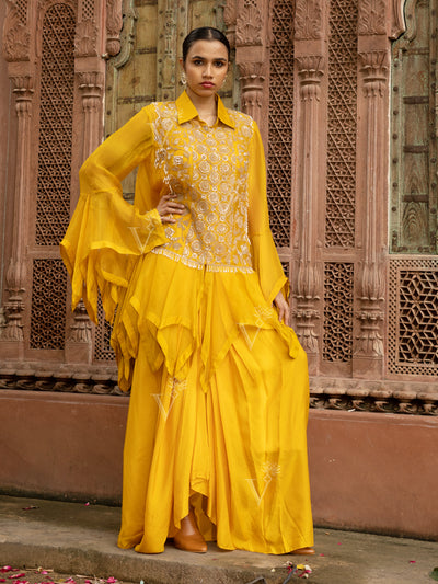 Yellow Embroidered Tiered Jacket with top and Drape skirt Set
