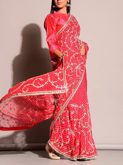 Red Gota Patti Embroidered Leheriya Saree