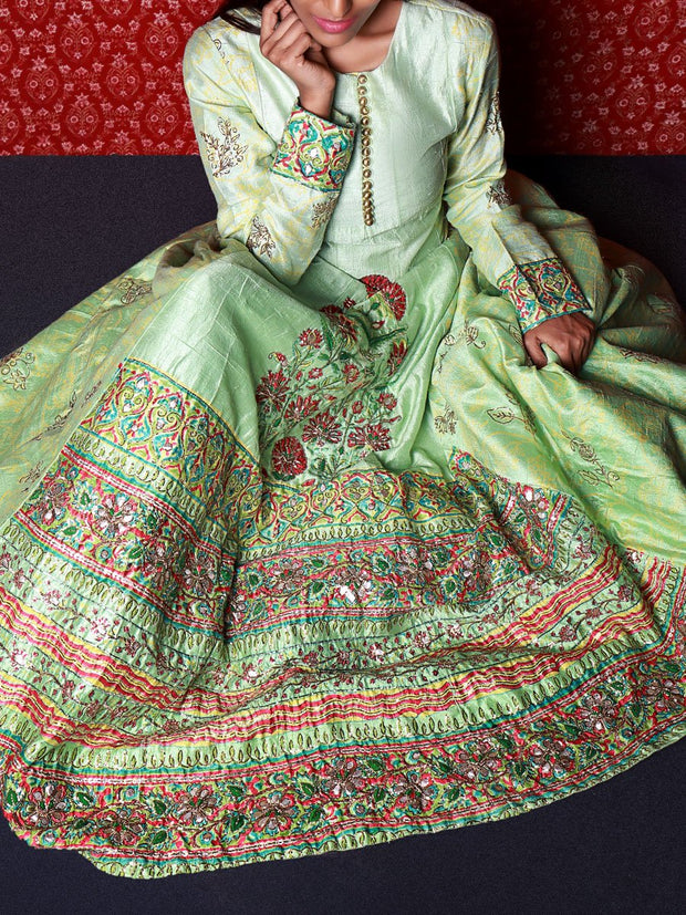 Light Green Raw Silk Embroidered Anarkali Gown