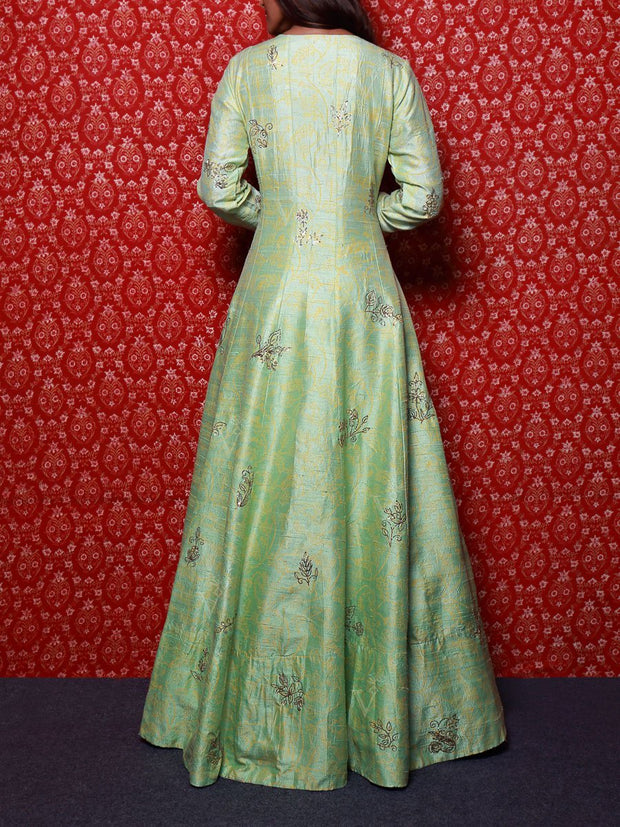 Light Green Raw Silk Embroidered Anarkali Gown