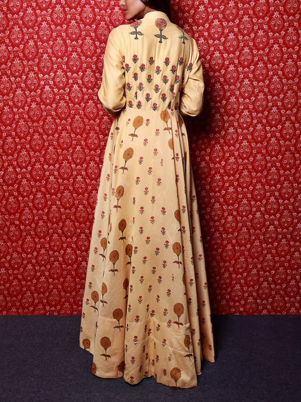 Handcrafted Beige Chanderi Silk Angarkha Gown