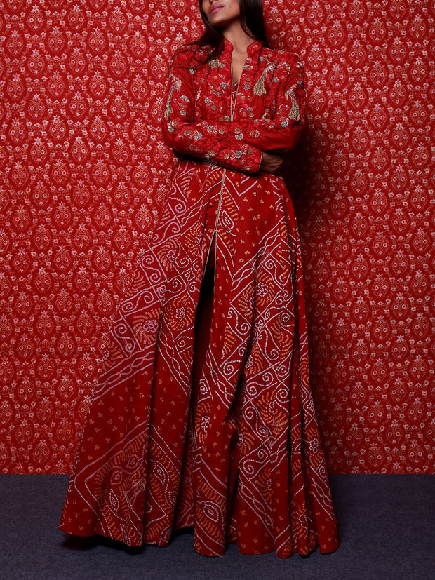 Red Raw Silk Bandhani Anarkali Gown