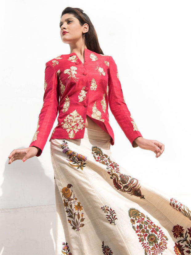 Off White Raw Silk Skirt With Red Embroidered Jacket