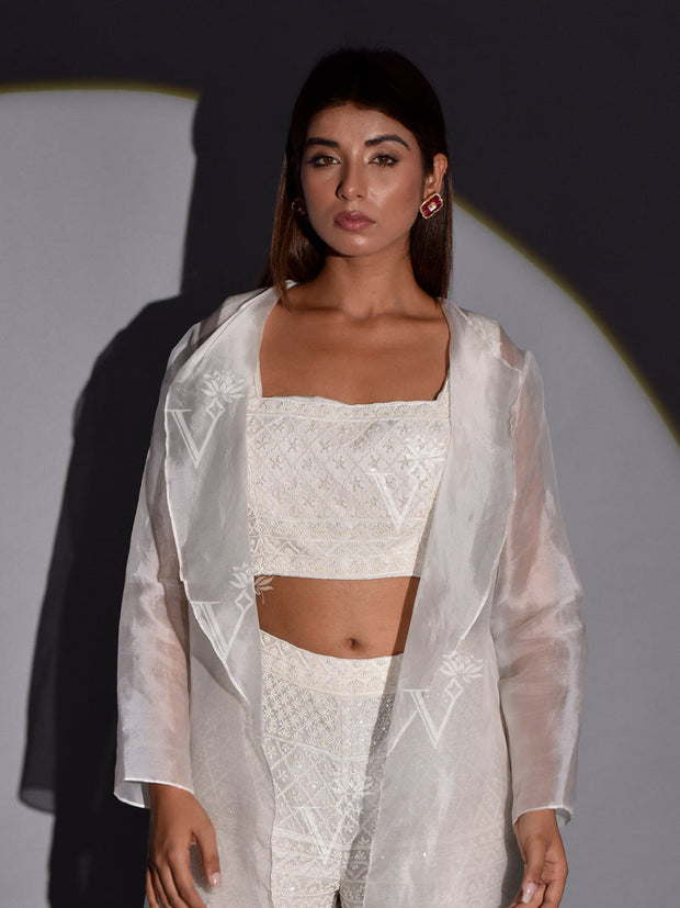 White Organza Top with Jacket and Pant Set