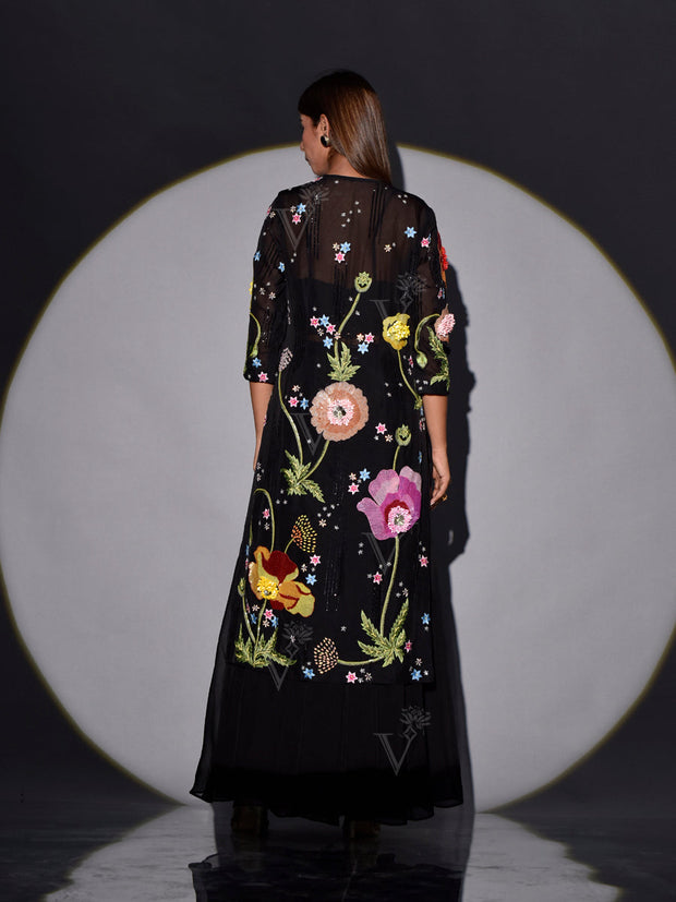 Black Georgette Embroidered Kurta and Skirt Set