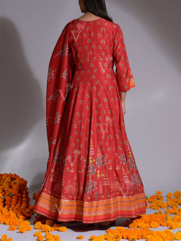 Red Vasansi Silk Printed Anarkali Gown
