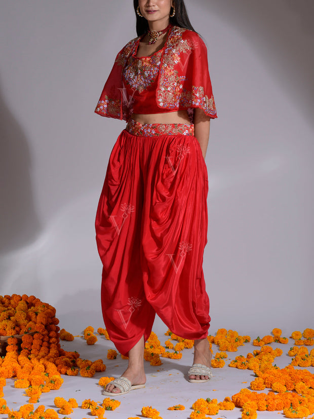 Red Embroidered Top with Jacket and Dhoti set