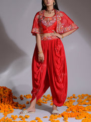 Red Embroidered Top with Jacket and Dhoti set