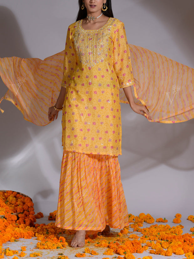Lemon Yellow Vasansi Silk Kurta and Sharara Suit Set