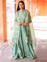 Mint Green Crop Set With Bandhani Cape