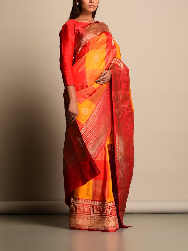 Orange And Red Banarasi Silk Saree