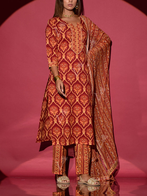 Red Cotton Printed Suit Set