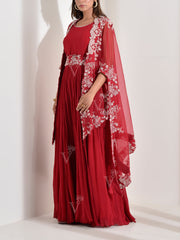 Red Georgette Gown with Embroidered Jacket