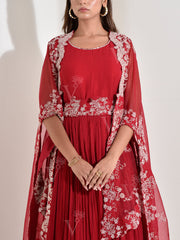 Red Georgette Gown with Embroidered Jacket