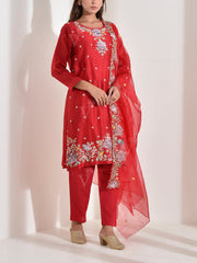 Red Chanderi Embroidered Suit Set