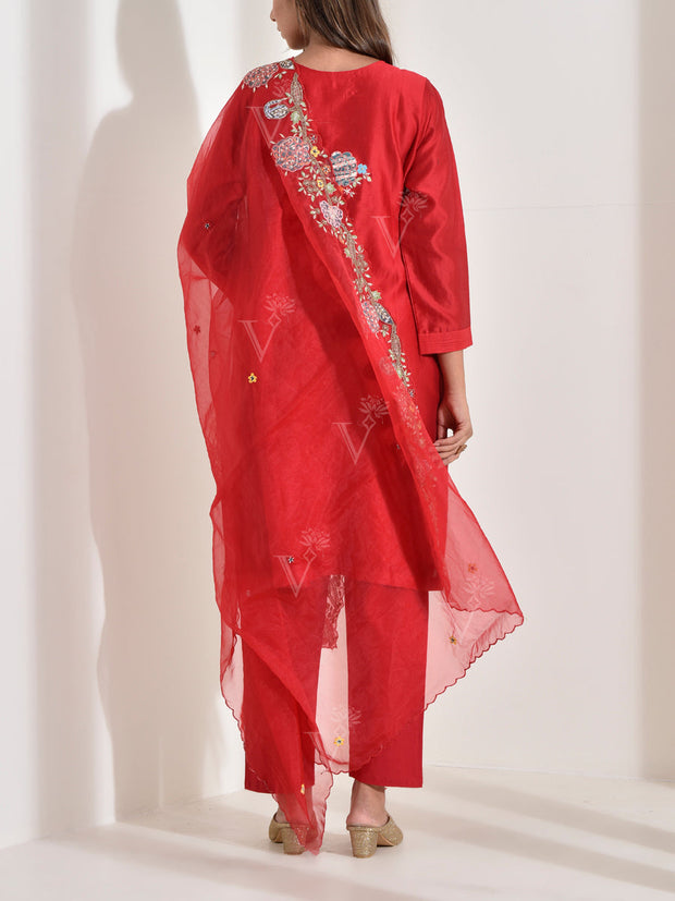 Red Chanderi Embroidered Suit Set