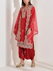 Red Embroidered Kurta with Organza Jacket and Harem Pants