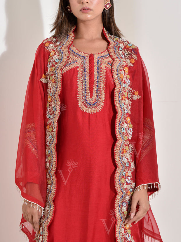 Red Embroidered Kurta with Organza Jacket and Harem Pants