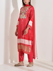 Red Embroidered Satin Bandhani Suit Set