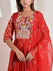 Red Dola Silk Embroidered Gown