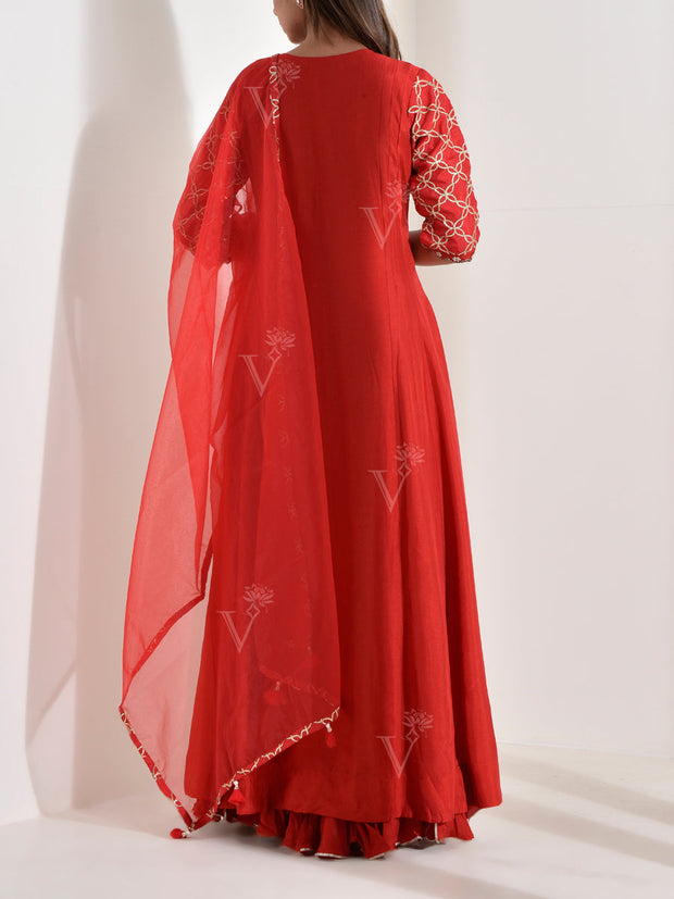 Red Dola Silk Embroidered Gown