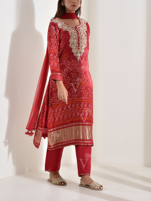 Red Embroidered Satin Bandhani Suit Set