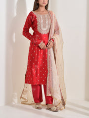 Red Embroidered Silk Suit Set