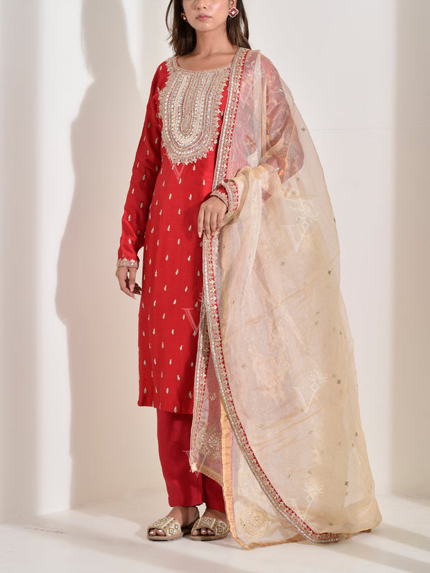Red Embroidered Silk Suit Set
