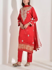 Red Satin Embroidered Suit Set