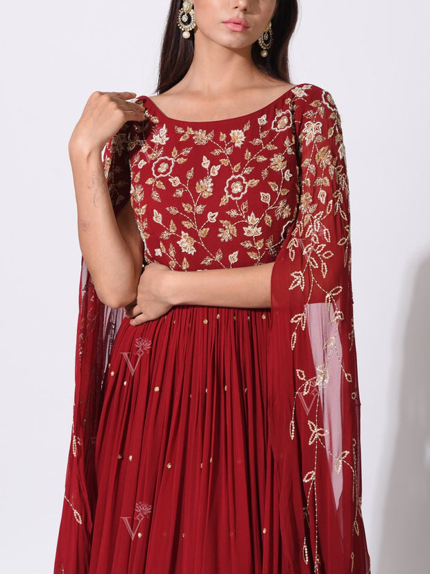 Red Embellished Statement Sleeves Evening Gown