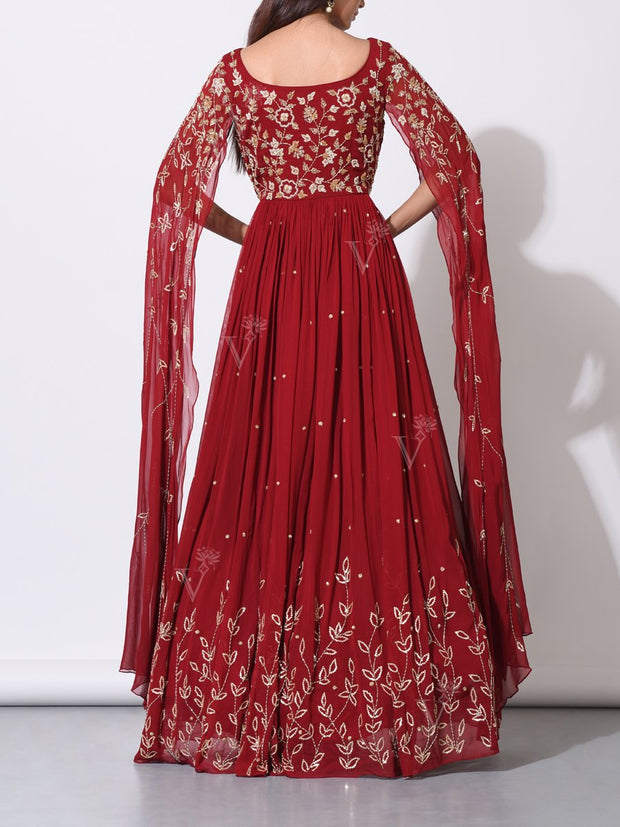 Red Embellished Statement Sleeves Evening Gown