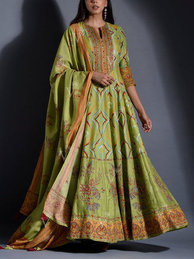 Green Vasansi Silk Leheriya Anarkali Gown