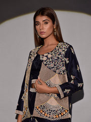 Blue Raw Silk Top with with Palazzo and Embroidered Jacket Set