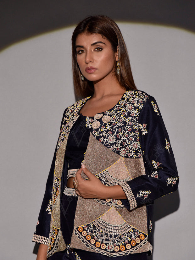 Blue Raw Silk Top with with Palazzo and Embroidered Jacket Set