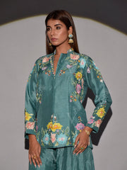 Green Raw Silk Embroidered Jacket and Palazzo Set