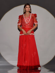 Red Organza Crop Top and Palazzo with Jacket Set